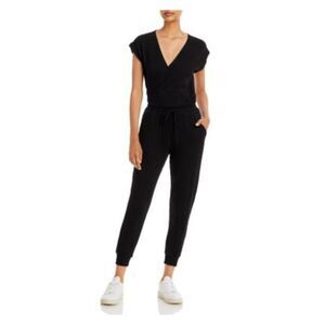 MONROW Womens Black Back Waist Cap Sleeve Cuffed Jumpsuit S